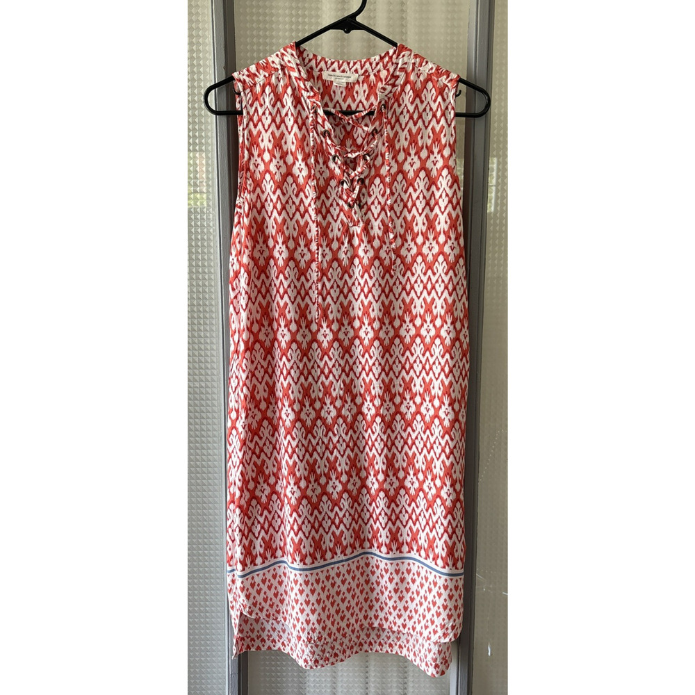 Beachlunchlounge Red White Ikat Lace Up Sleeveless High Low Shift Dress XS
